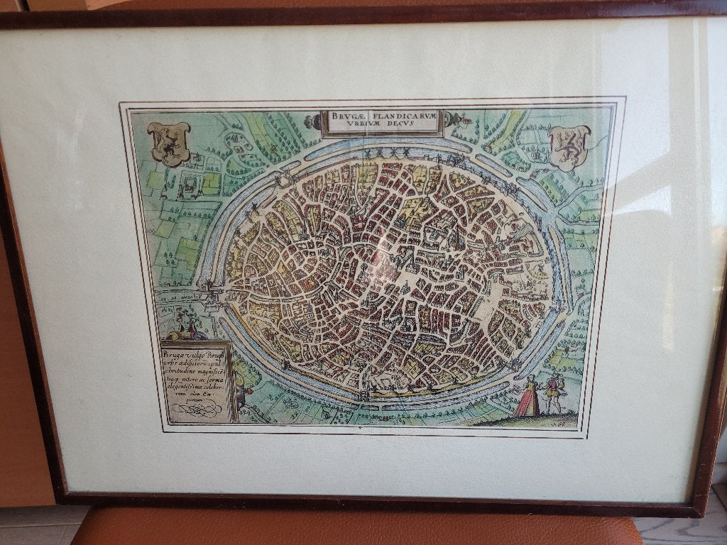 Oud stadsplan Brugge, Ophalen, Ets, Cartografie, Gesigneerd