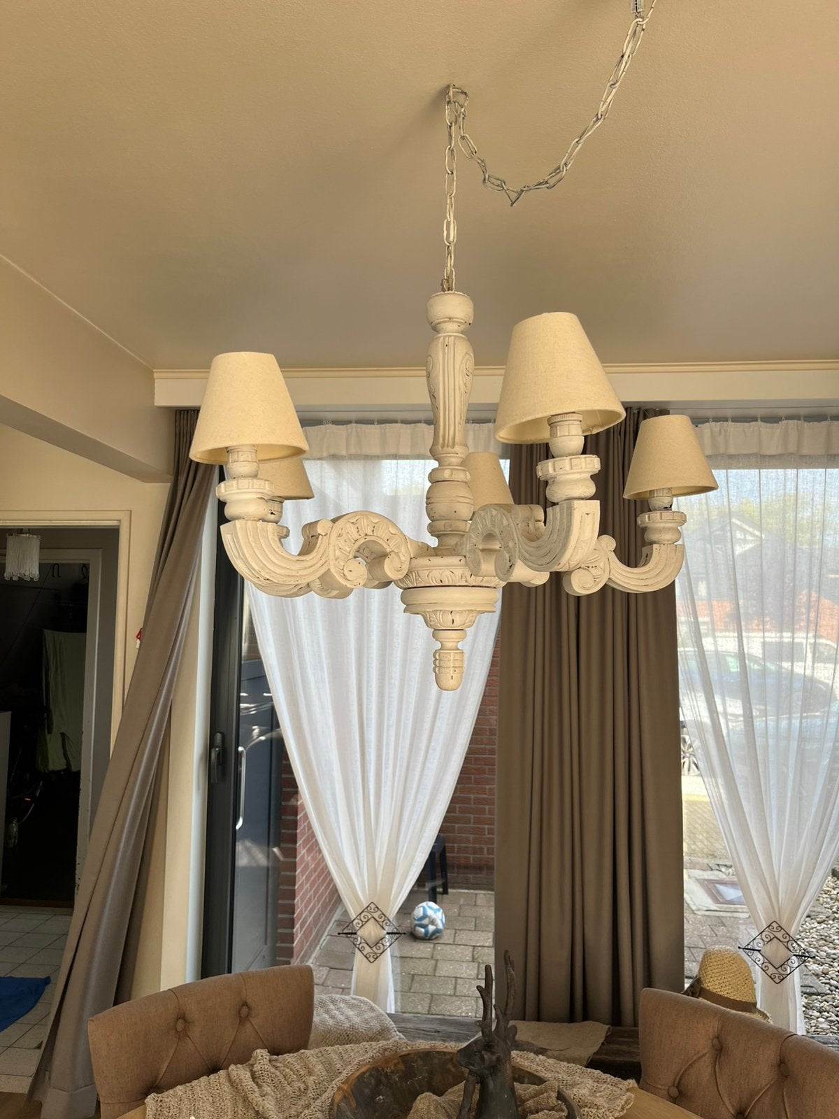 Mooie eiken luster (heel oud )5 lichtpunten ,, Huis en Inrichting, Ophalen of Verzenden, Gebruikt, Landelijk
