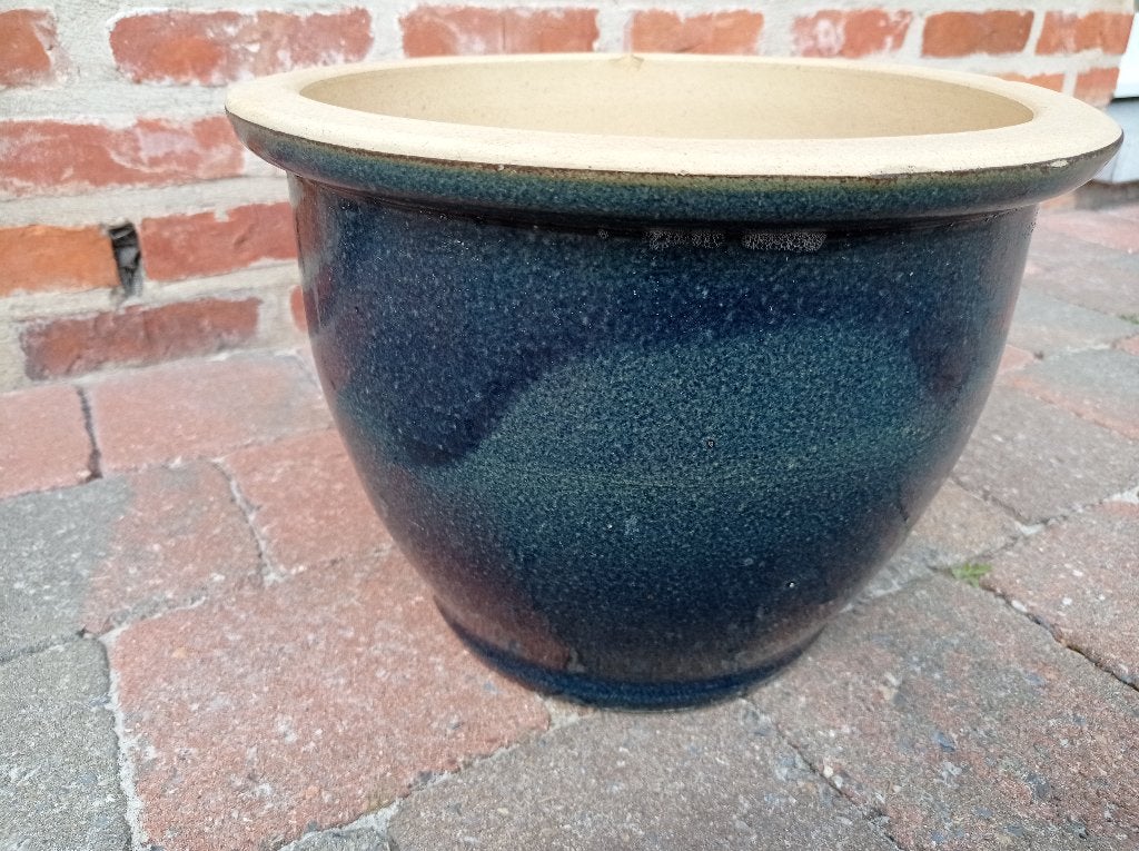 Mooie geëmailleerde blauwe bloempot, Tuin en Terras, Bloempotten, Rond, Zo goed als nieuw, Minder dan 40 cm, Terracotta