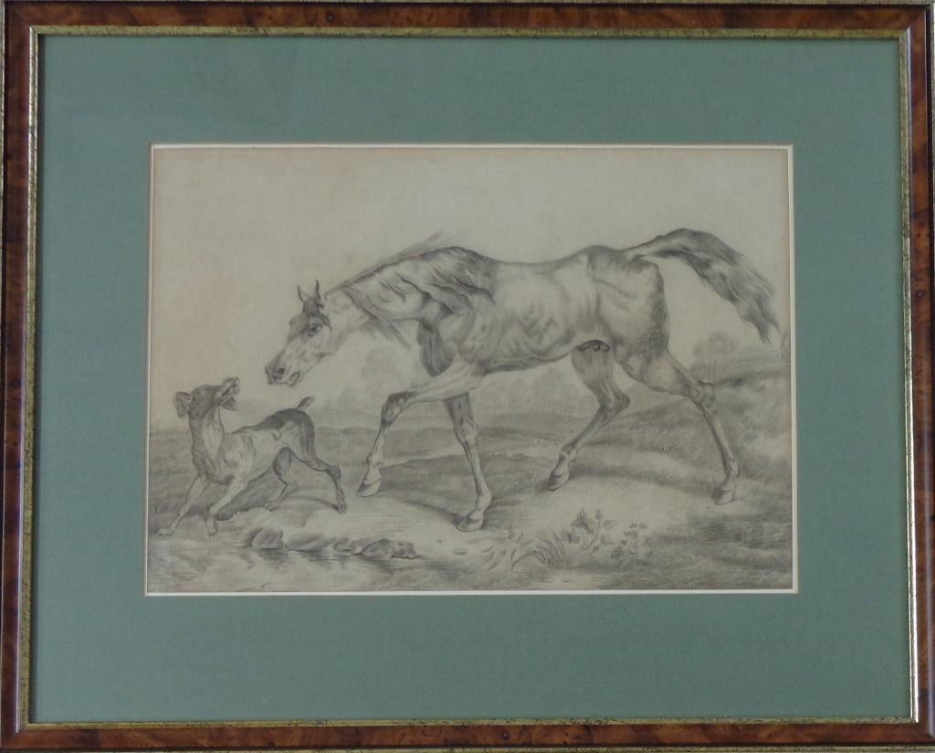 ONBEKEND / PAARD & HOND / ORIGINEEL WERK / 52x64cm / KADER, Enlèvement ou Envoi, Signé, Papier