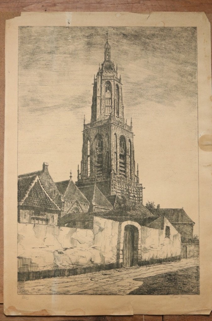 Ets Cunerakerk Rhenen - Cuneratoren, gesigneerd, Ophalen, Architectuur, Gesigneerd, 37 cm