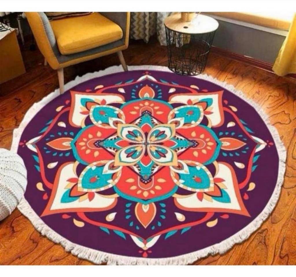 Vintage katoenen tapijt wasbaar rond kleed 100CM abstract, Rond, Nieuw, Ophalen of Verzenden, 100 tot 150 cm