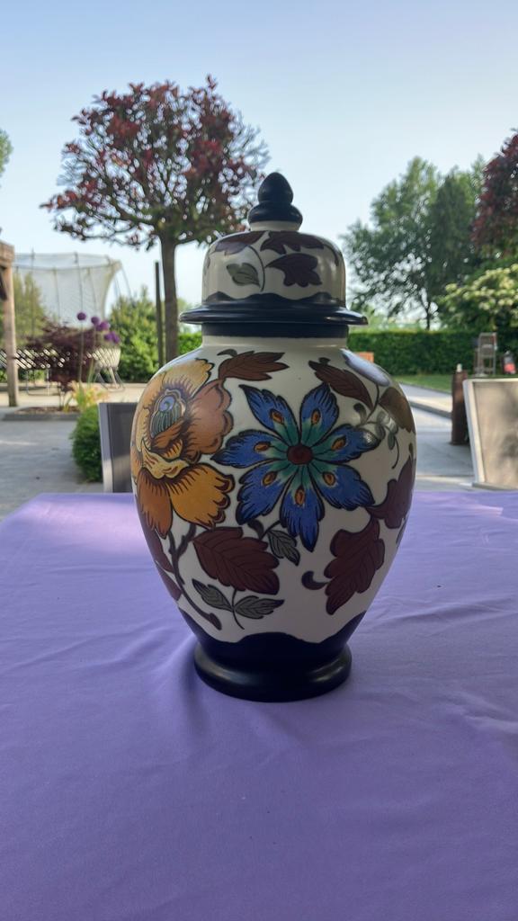 Grote Gouds Plateel Dekselvaas - 39 cm - Decor Roset, Ophalen