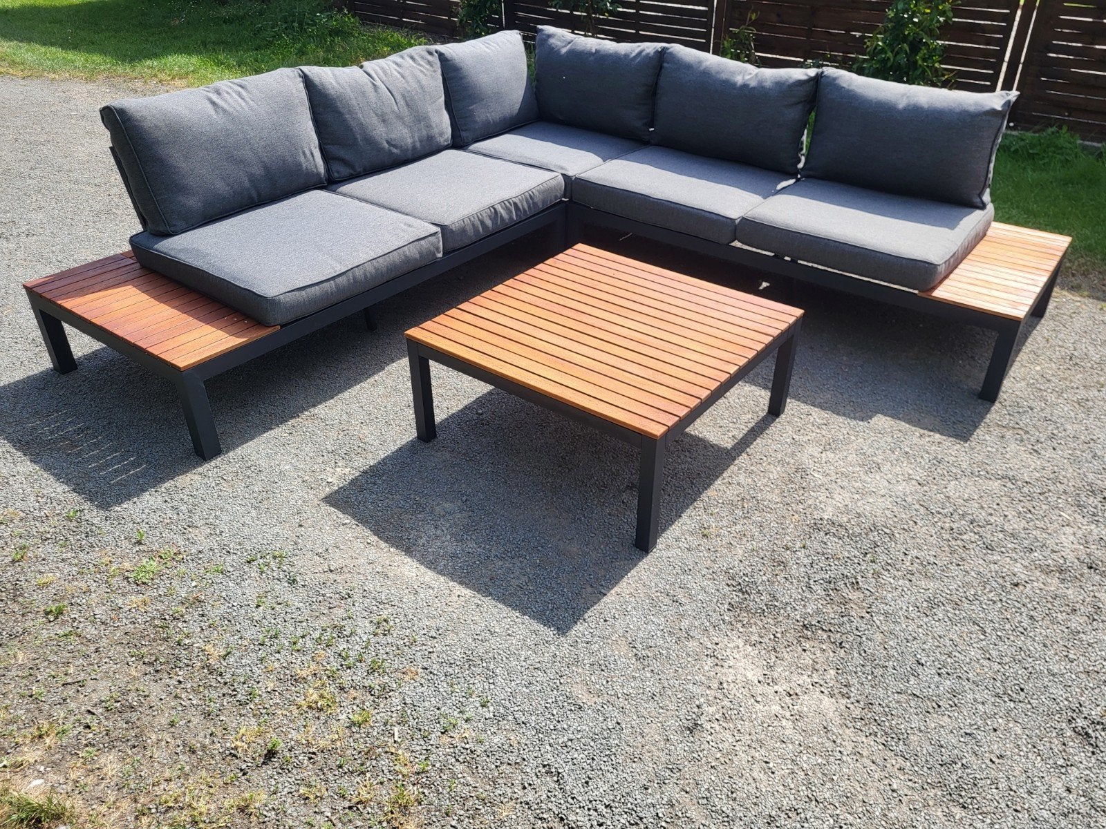 Loungeset aluminium/teakhout met bijhorende kussens en tafel, Enlèvement, Aluminium, Sets de jardin