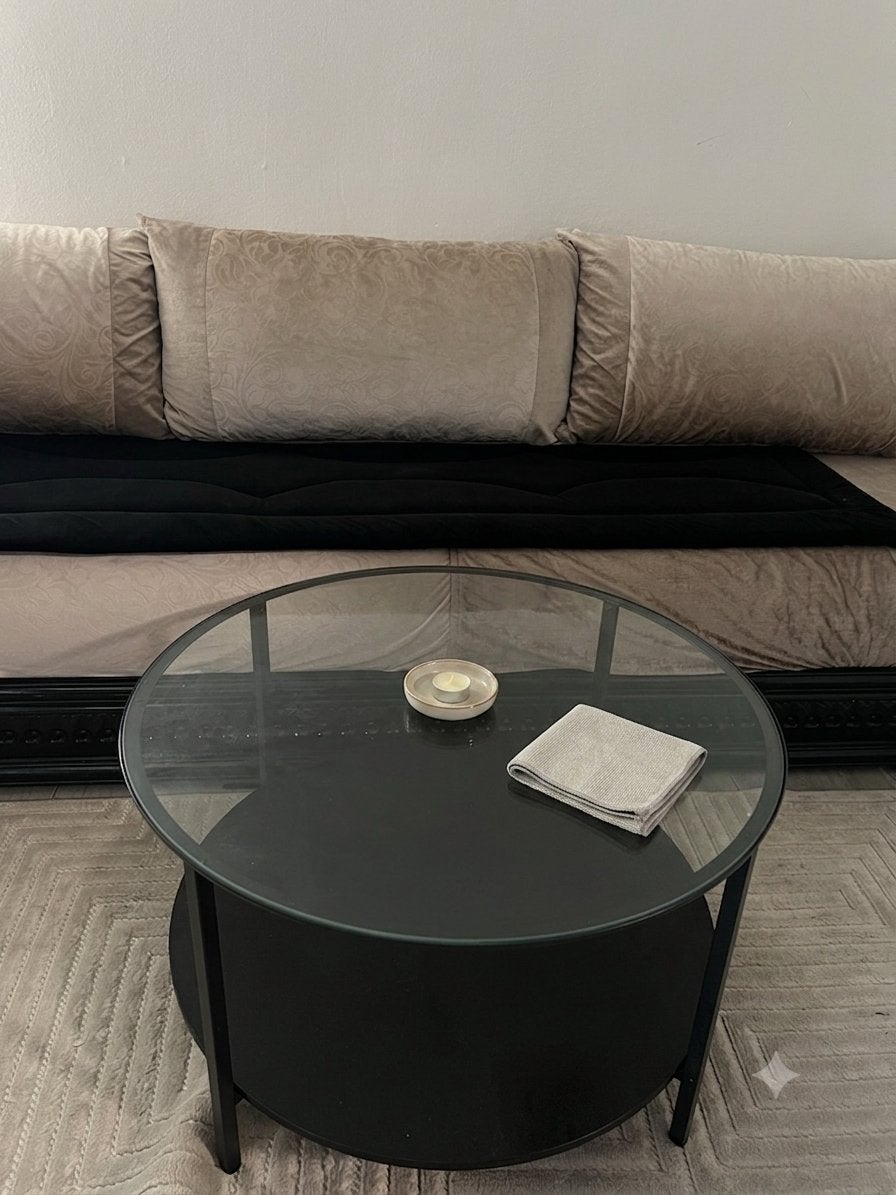 Ronde Glazen Salontafel (Zwart Metaal), Ophalen, Zo goed als nieuw