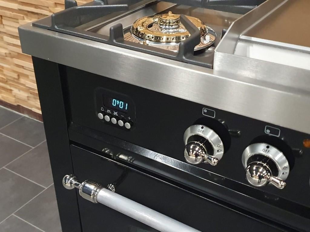 🔥Luxe Boretti Fornuis 90cm hoogglans zwart + rvs frytop, Ophalen, 60 cm of meer, Zo goed als nieuw, Gas