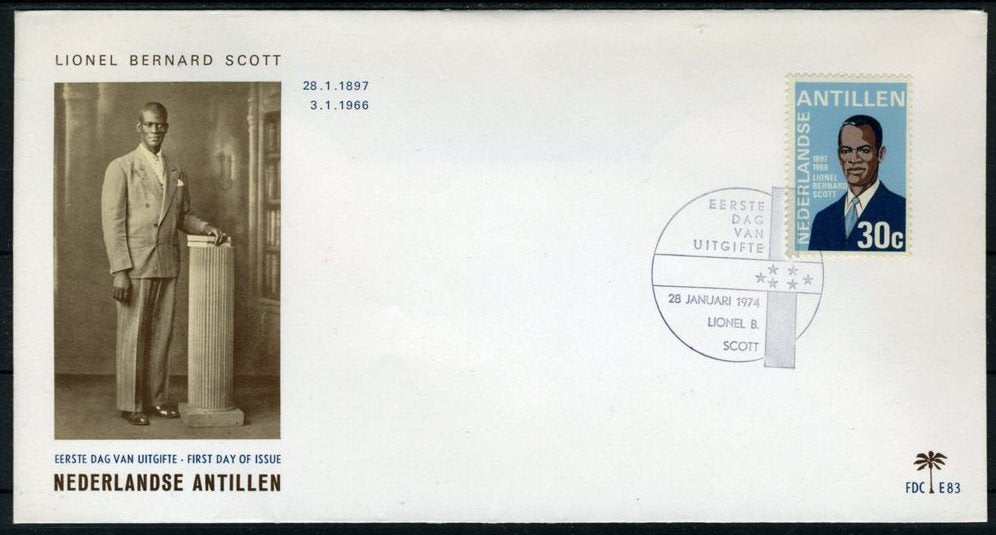NL. ANTILLEN E83 FDC 1974 - Lionel Bernhard Scott, politicus, Verzenden, Gestempeld