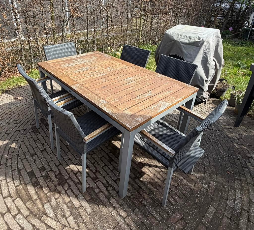 Uitrekbare Tuintafel met 6 stoelen, Tuin en Terras, Tuinsets en Loungesets, Ophalen, Gebruikt, Eettafel, 6 zitplaatsen