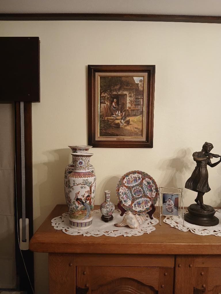 schilderij vrouw voert kippen, Antiek en Kunst, Ophalen