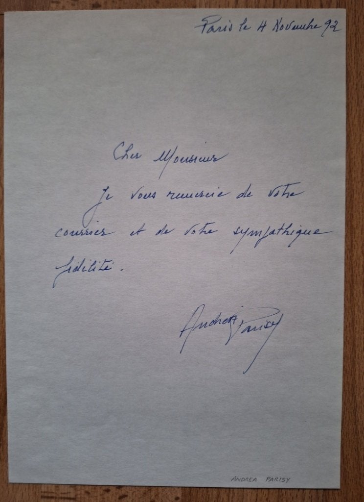 Autographe original de l'actrice Andréa Parisy, Enlèvement ou Envoi, Comme neuf, Signé