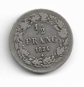 Belgique : 1/2 franc 1834 (honoré) - argent = morin 29, Monnaie en vrac, Argent, Argent, Envoi