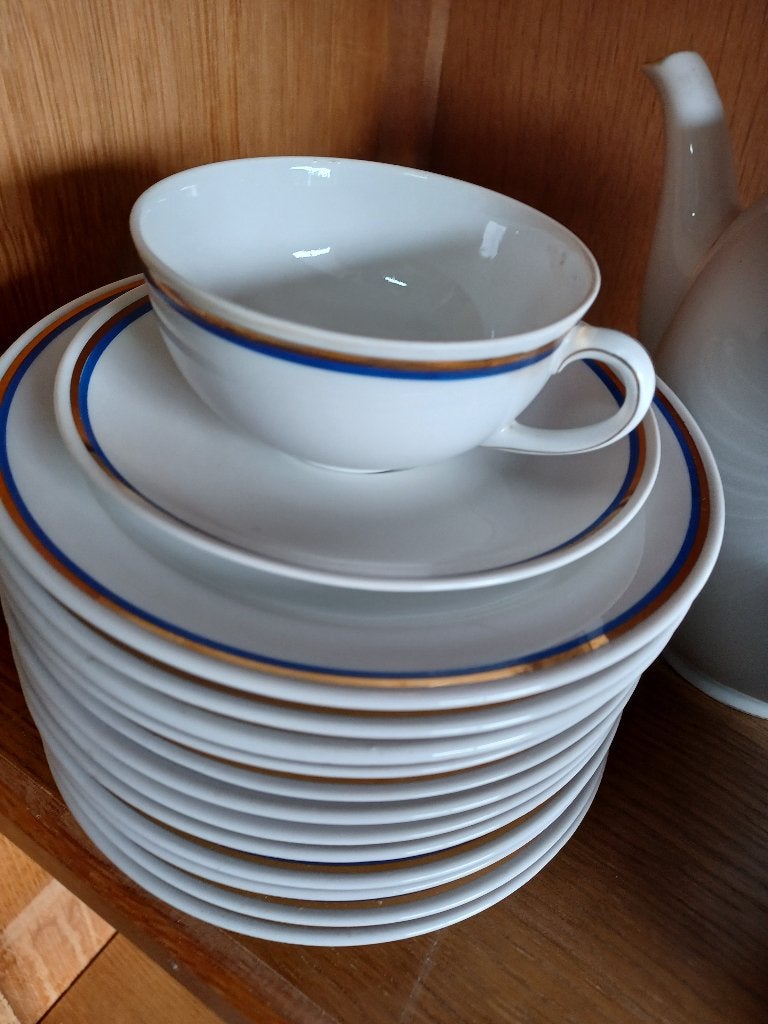 12 delig koffieservies, blauw en gouden randje, Ophalen
