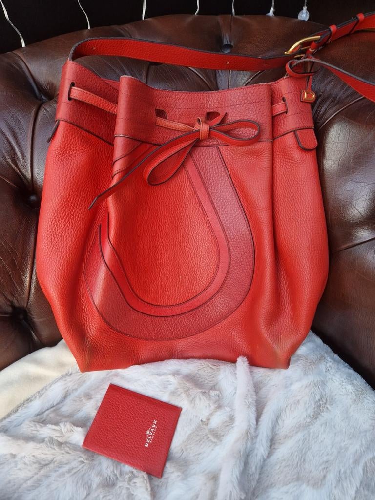 Prachtige oranje-rode handtas van Delvaux + spiegeltje, Enlèvement ou Envoi, Orange, Sac à main