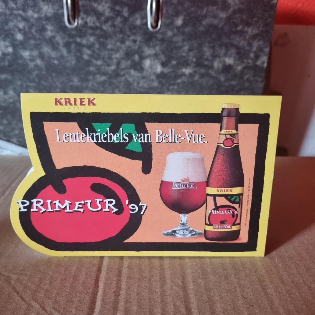 Publicité de table Belle-Vue Kriek lambic Primeur '97, Enlèvement ou Envoi, Utilisé, Panneau, Plaque ou Plaquette publicitaire