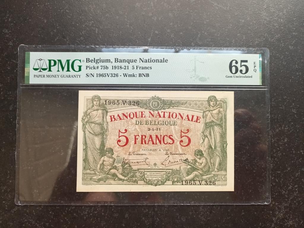 Topkwaliteit 5 Francs 1921 type Brussel 65EPQ, Ophalen of Verzenden