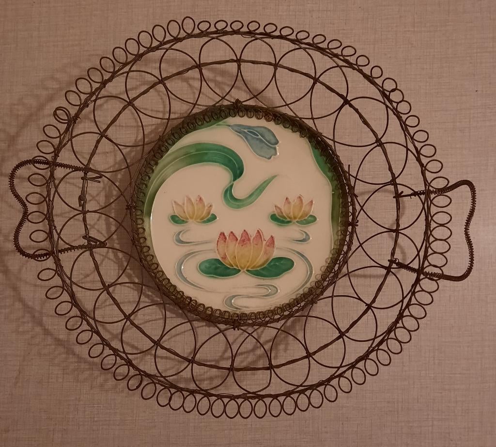 Vintage wandplaat/mand met decoratief metaaldraad, Ophalen