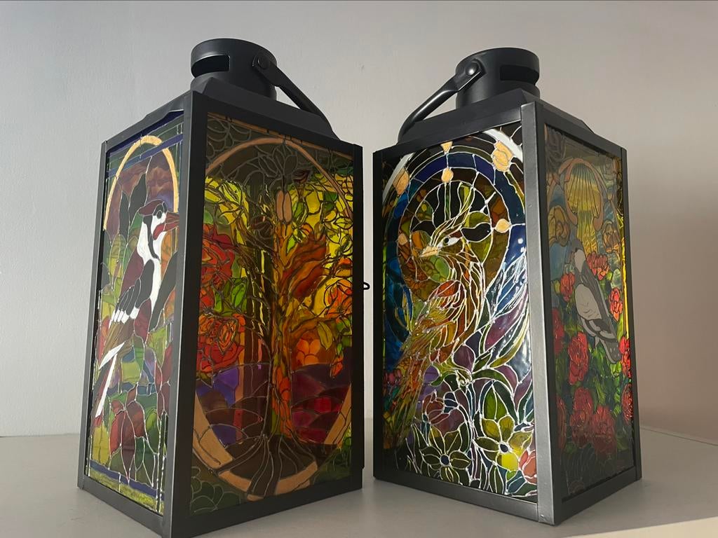 Handgemaakte glas-in-lood kaarslantaarn lamp vloerlamp, Antiek en Kunst, Kunst | Schilderijen | Modern, Ophalen of Verzenden