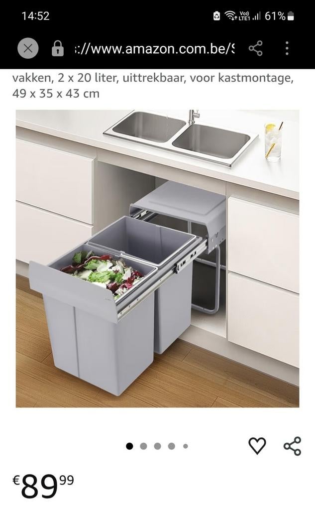 Inbouw dubbele afvalemmer 2x20L, nieuw, Huis en Inrichting, Keuken | Keukenelementen, Ophalen, Zo goed als nieuw