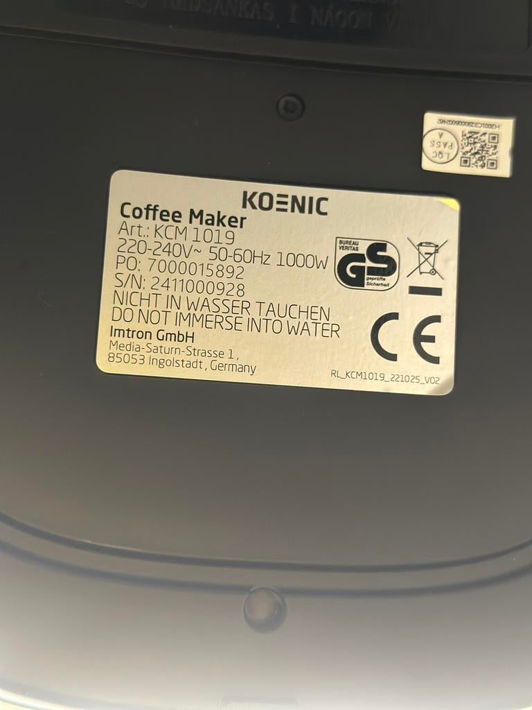 KOENIC KCM 1019 koffiezetapparaat, Elektronische apparatuur, Ophalen, Gebruikt, Koffiemachine, Gemalen koffie