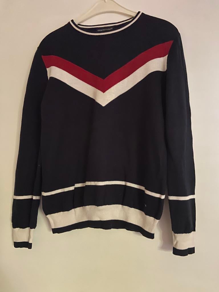Pull bleu foncé à motif V blanc et rouge, Enlèvement ou Envoi, Giorgio di Mare, Bleu, Taille 42/44 (L)