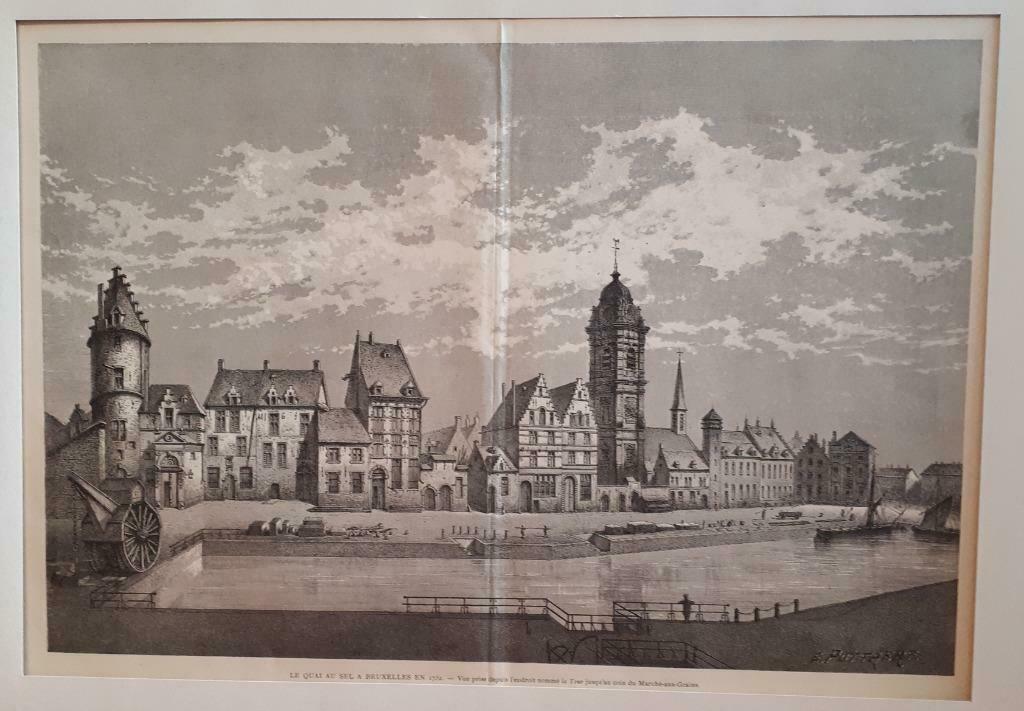 Gravure ancienne Bruxelles le quai au sel 1732, Antiquités & Art, Enlèvement
