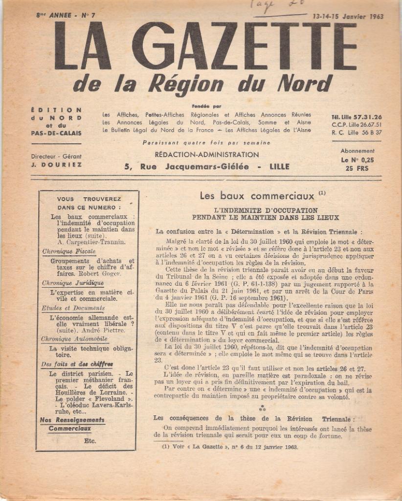 La Gazette de la Région du Nord, Collections, Enlèvement ou Envoi, 1960 à 1980, Journal