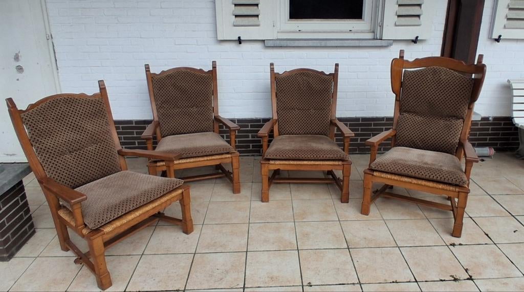 4 Vintage eiken zetels / stoelen  + 1 apart eiken zeteltje., Antiek en Kunst, Ophalen