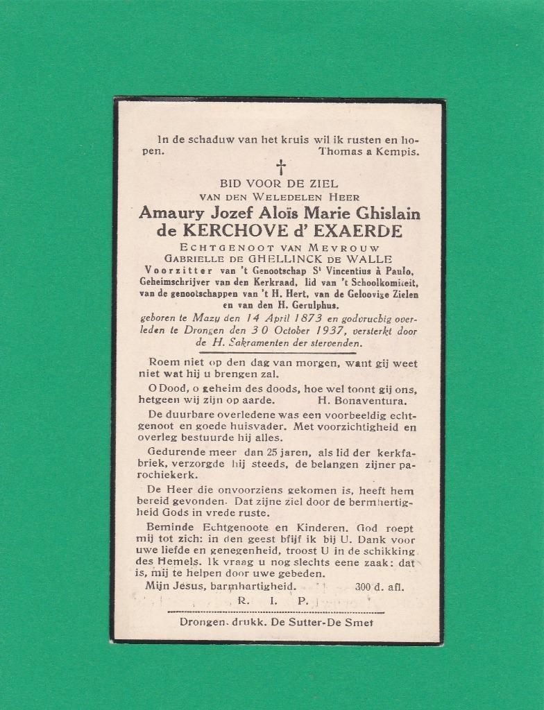 DP de Kerchove d'Exaerde Amaury, Verzenden, Bidprentje