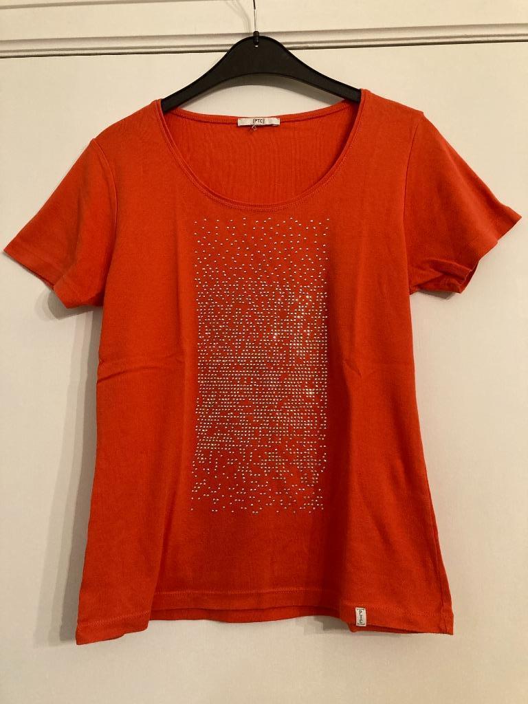 Oranje-koraal t-shirt met studs - PTC - tailleert L, Maat 42/44 (L), Oranje, Ophalen of Verzenden, Korte mouw