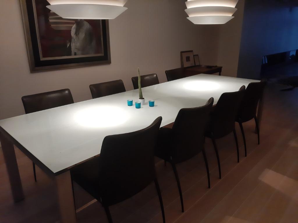 Lange eettafel met glazen blad, Huis en Inrichting, Tafels | Eettafels, Ophalen, 100 tot 150 cm, 200 cm of meer, Zo goed als nieuw
