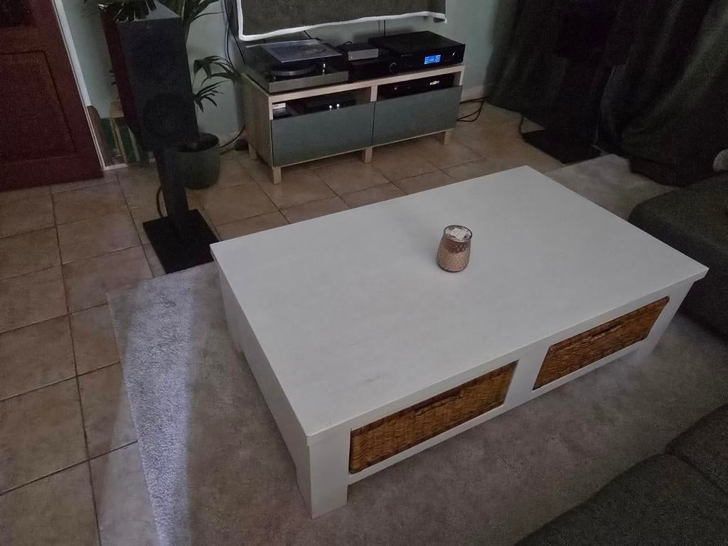 Superkoopje! Salontafel uit vol teak hout met 2 grote manden, Ophalen, 100 tot 150 cm, Teakhout, 50 tot 100 cm