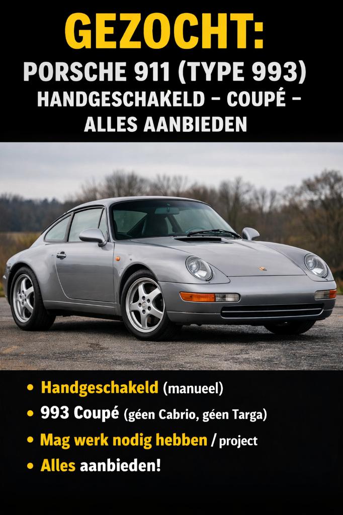 Gezocht Porsche 911 (type 993) Coupé, Auto's, Porsche, Particulier, Coupé