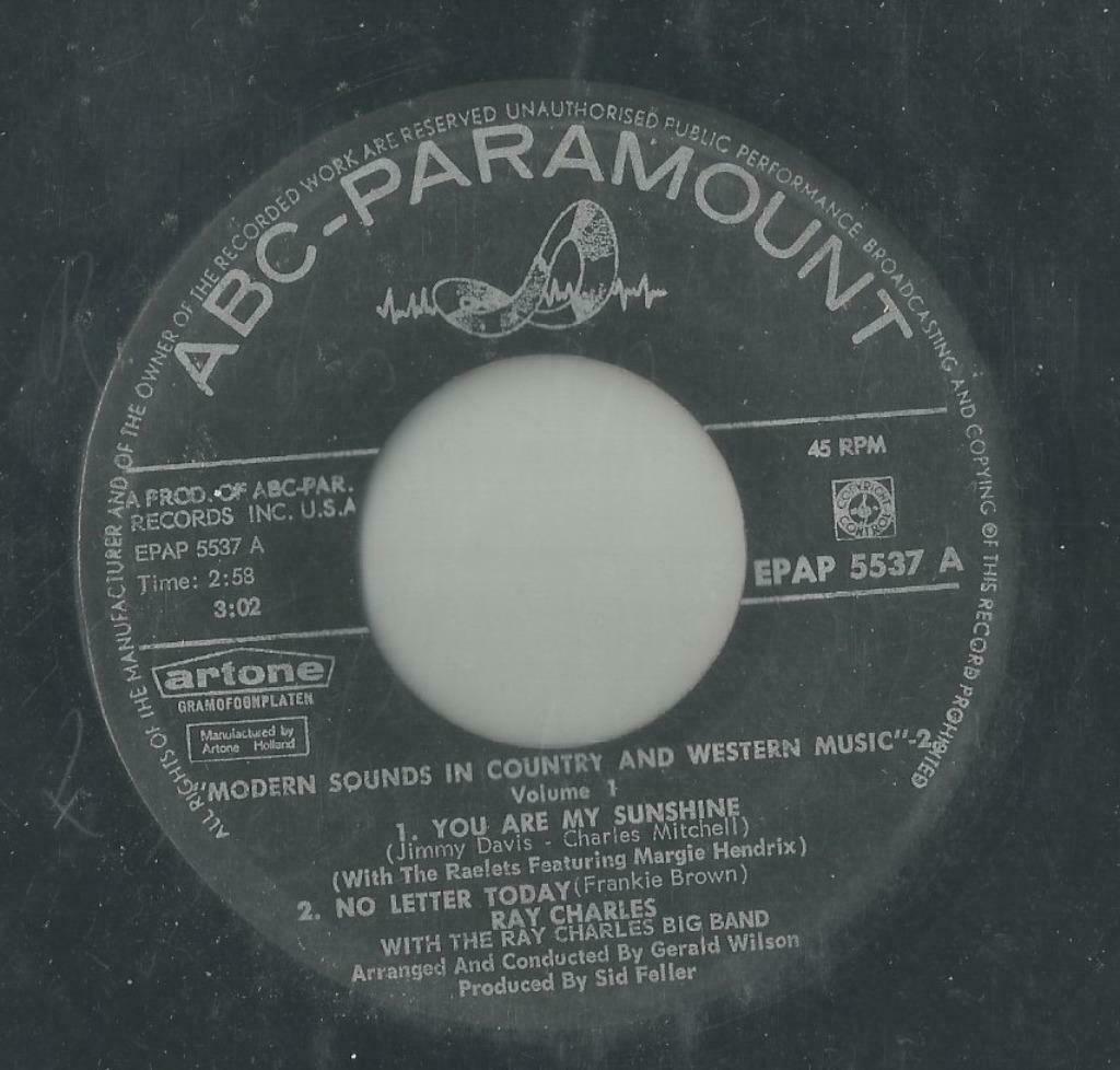 Ray Charles – You are my sunshine / No letter today + 2 – EP, Ophalen of Verzenden, Jazz en Blues