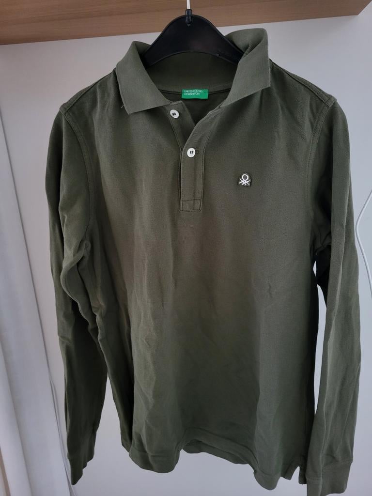 Kakigroene polo met lange mouwen 140/146 Benetton, Neuf, Garçon, Enlèvement ou Envoi, Chemise ou À manches longues
