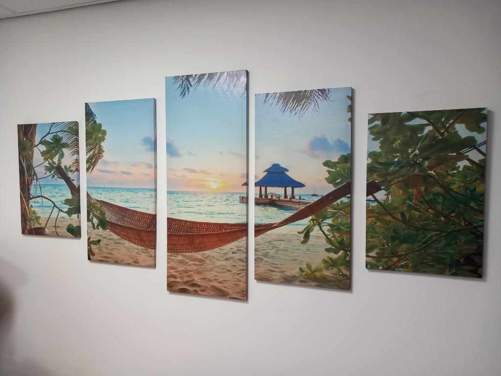 schilderij 5 luik STRAND en PALMBOOM, Ophalen of Verzenden