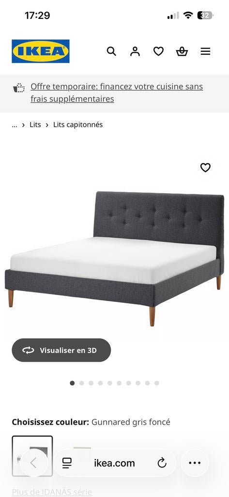 Cadre de  lit Ikea avec sommier sans matelas, Ophalen, Zo goed als nieuw, Grijs