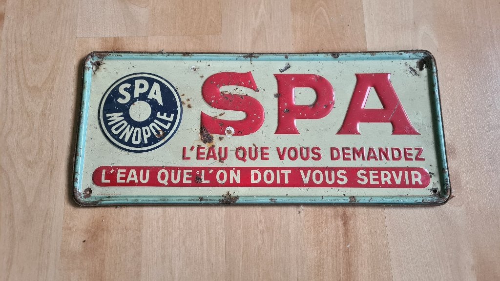 Authentiek vintage reclamebord spa monopole, Enlèvement, Utilisé, Panneau publicitaire