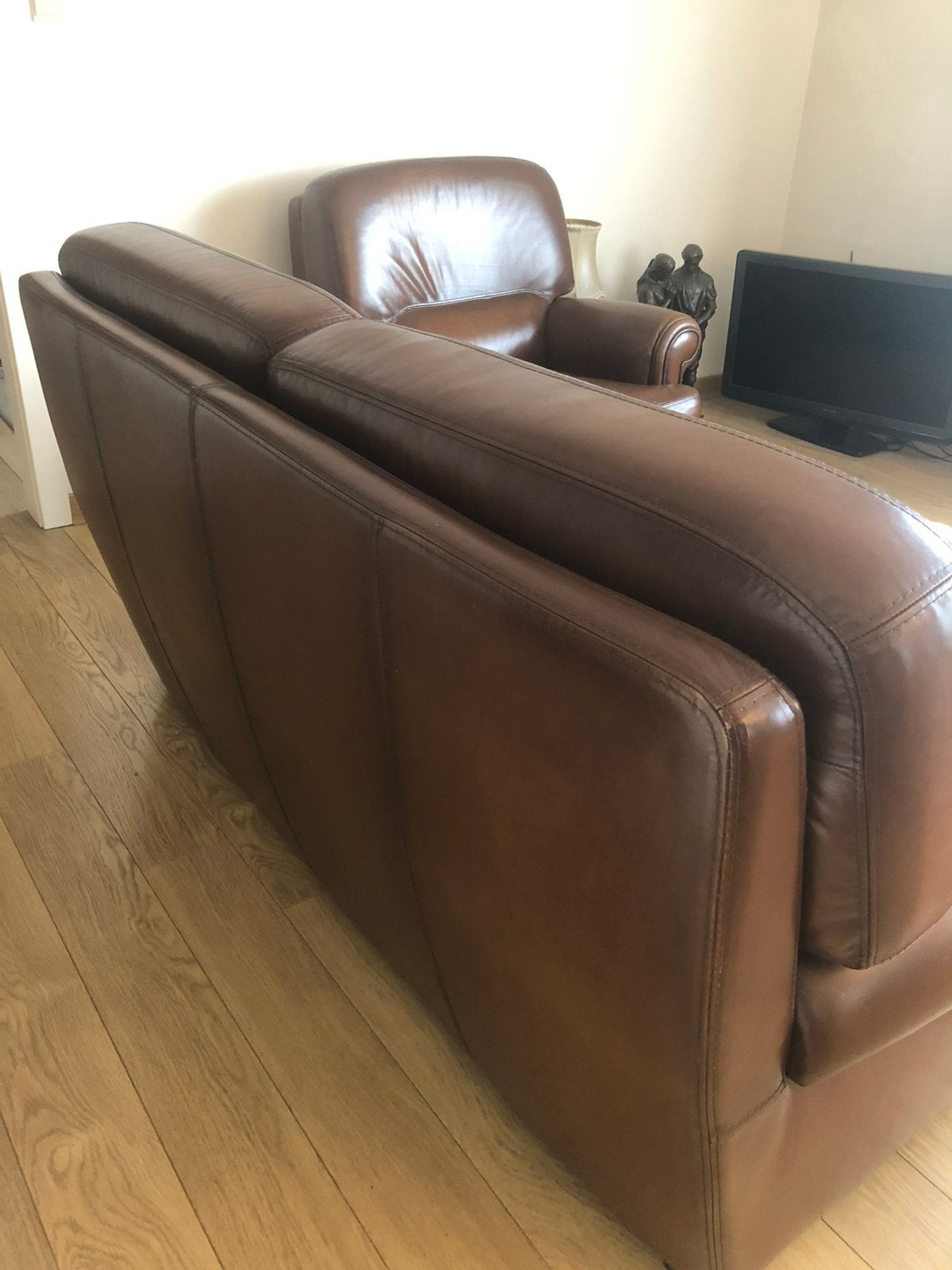 Salon in bruin leer, Huis en Inrichting, Ophalen, Gebruikt, 125 cm of meer, Klassiek