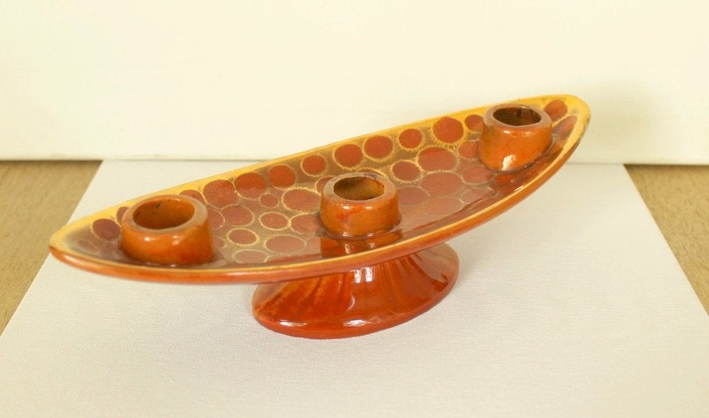 Jasba Keramik Bootkandelaar, vintage gouden cirkels jr 70-80, Meerkleurig, Ophalen of Verzenden, Zo goed als nieuw, Steen/keramiek