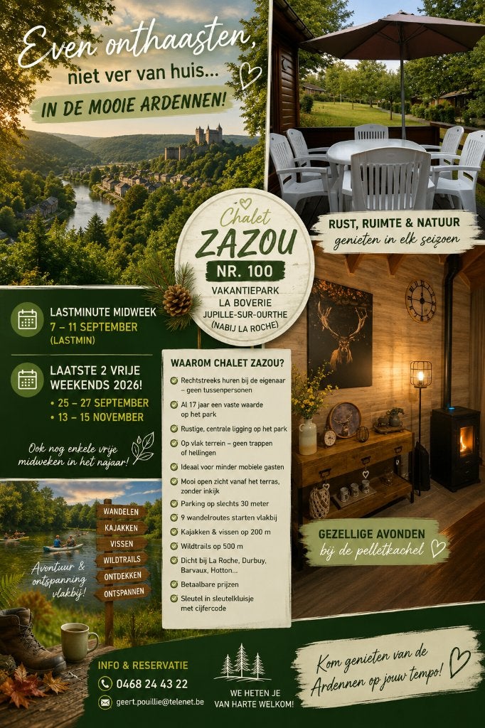 K us chalet hartje Ardennen bij La Roche en Ardenne., Immo, Jupille sur ourthe, Direct bij eigenaar, 2 kamers, Vrijstaande woning