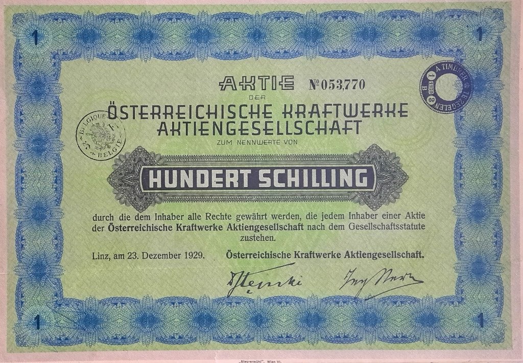 österreichische Kraftwerke AG - Linz - 1929, Timbres & Monnaies, Enlèvement ou Envoi, 1920 à 1950, Action