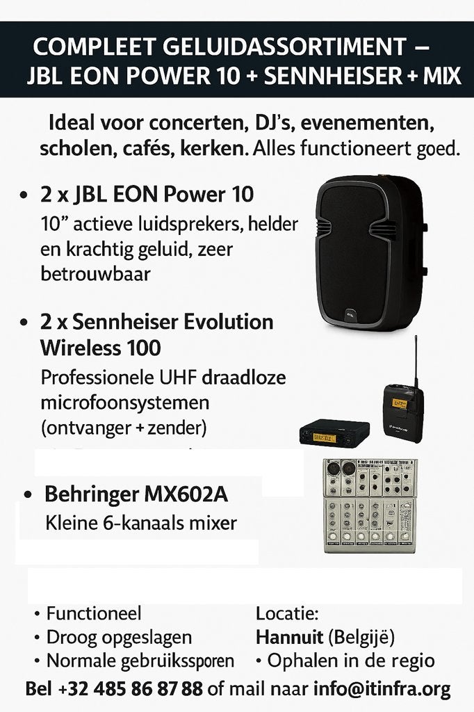 COMPLEET GELUID – JBL EON POWER 10 + SENNHEISER + MIX, Ophalen, JBL, Speakerset, AUX-ingang