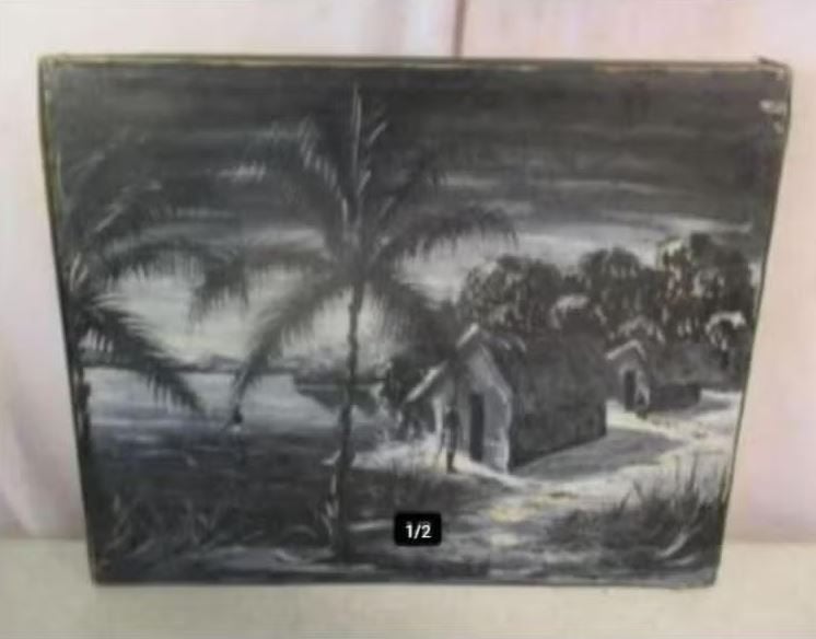 Œuvre magnifiquement peinte « Village africain de nuit », Enlèvement ou Envoi, Peinture à l'huile, Paysage, Toile