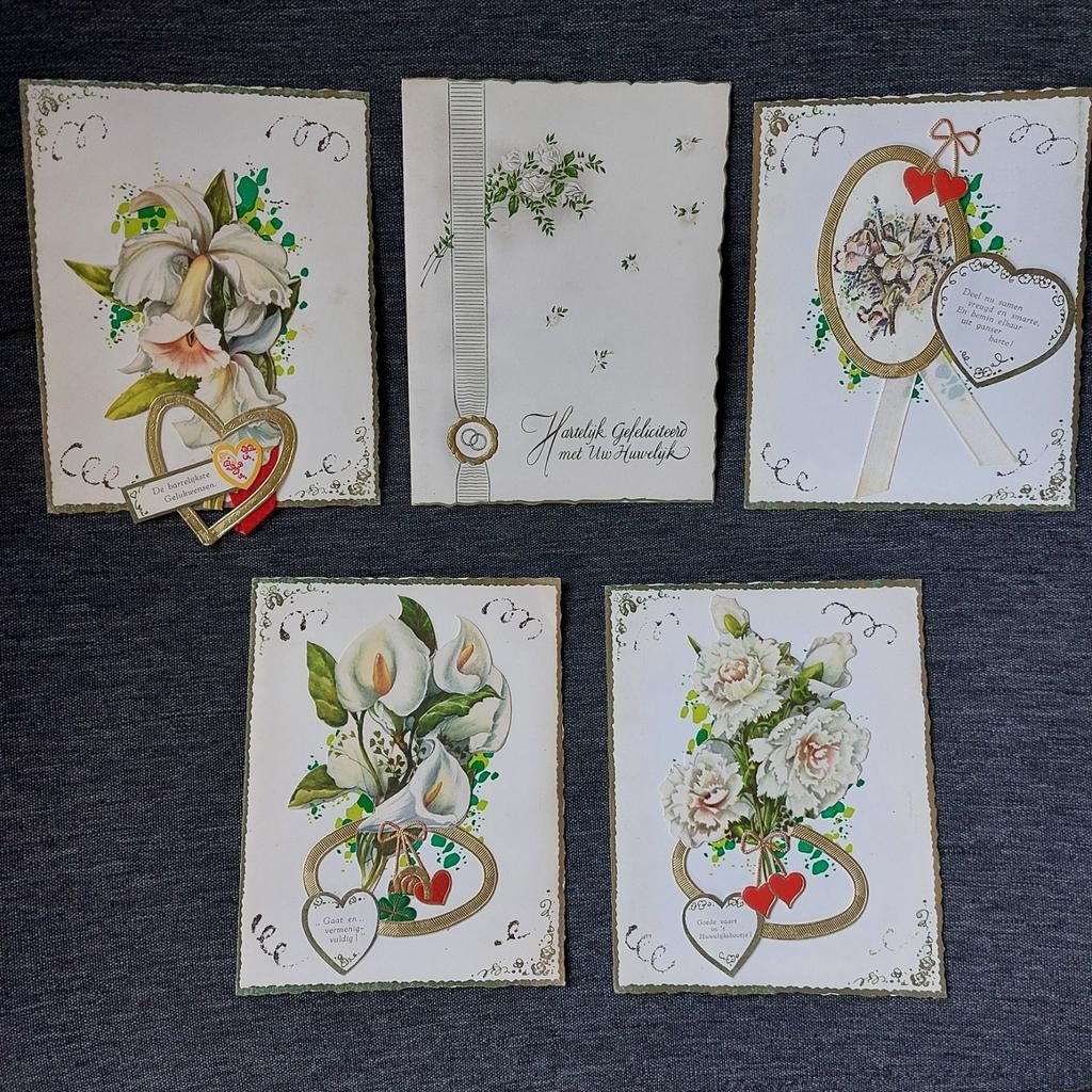 5 vintage wenskaarten huwelijk, Diversen, Ophalen of Verzenden