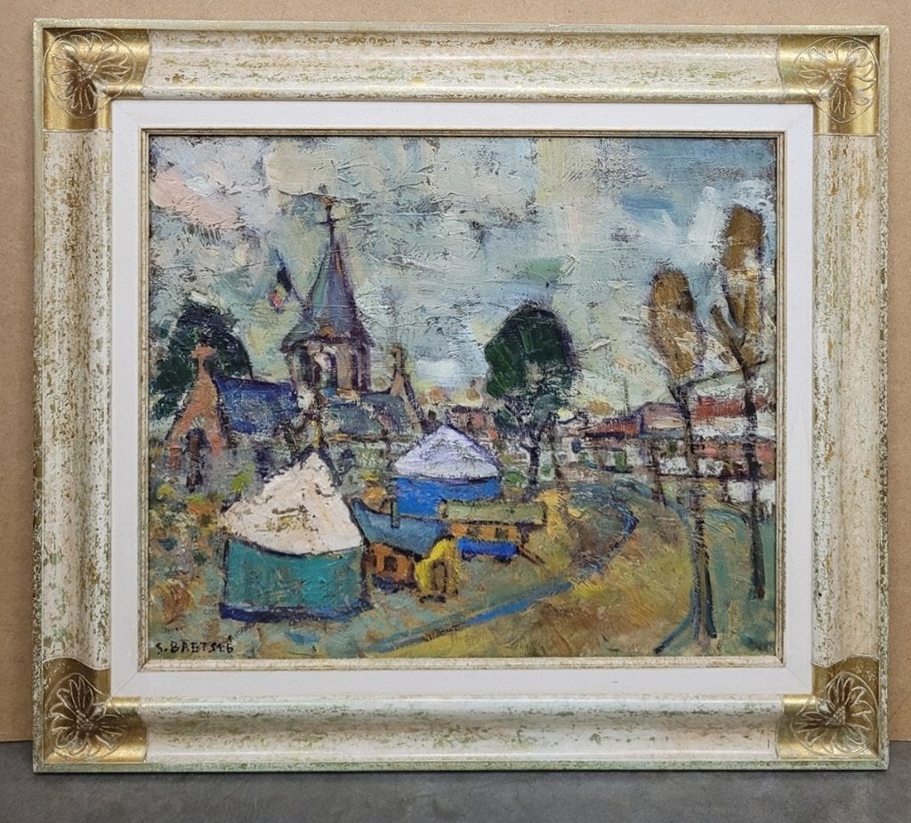 Gilbert BAETSLÉ, kermis op het dorpsplein, Antiek en Kunst, Doek, Expressionistisch, Ophalen of Verzenden, Gesigneerd