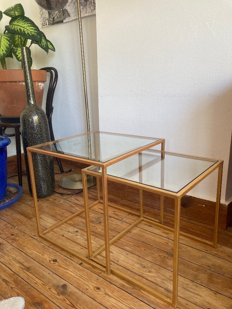 Set van 2 Vintage Hollywood Regency Nesting Tables, Vintage Hollywood Regency, Moins de 55 cm, Carré, Verre