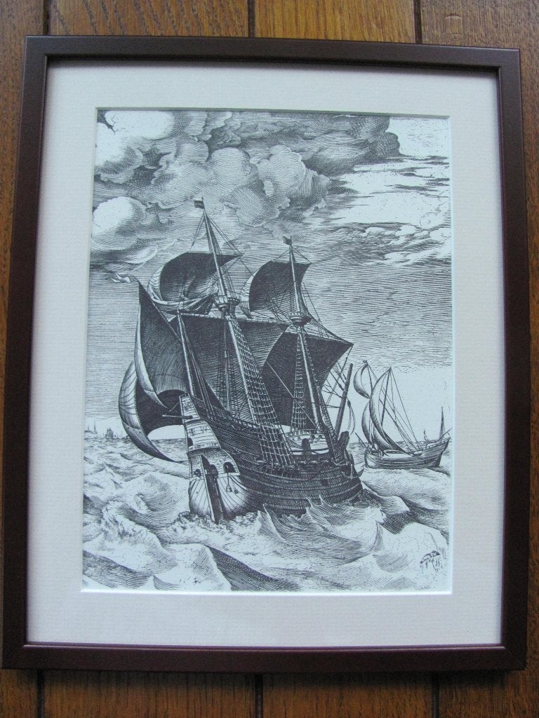 Estampe de Pieter Bruegel, le vieux navire marchand, Antiquités & Art, 1950 - 1999, Gravure, Encadré, 32 cm