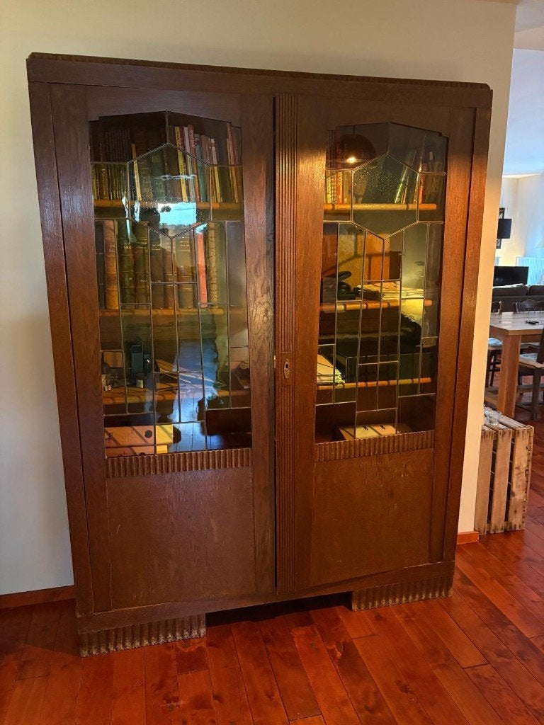 Antieke eiken boekenkast met glas-in-lood deuren, Antiek en Kunst, Ophalen