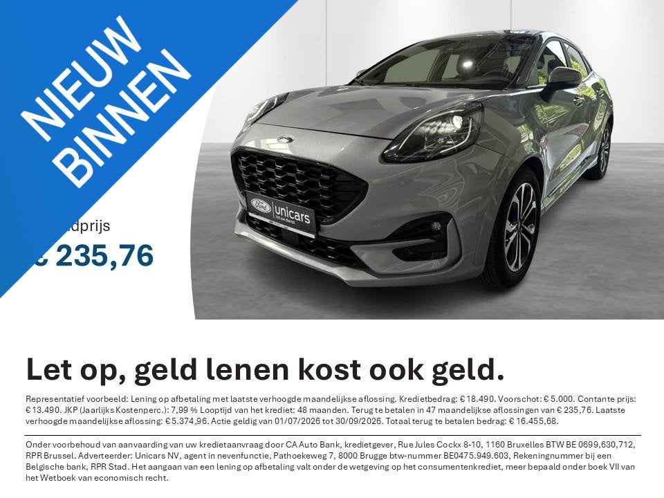 Ford Puma 1.0i Ecoboost mHEV 92kW ST-Line, 121 g/km, Argent ou Gris, Achat, Entreprise