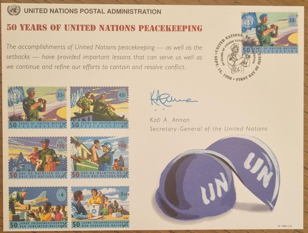 United Nations Kofi A. Annan Blauwhelmen 1ste dag kaart 1998, Postzegels en Munten, Verzenden, Gestempeld, Noord-Amerika